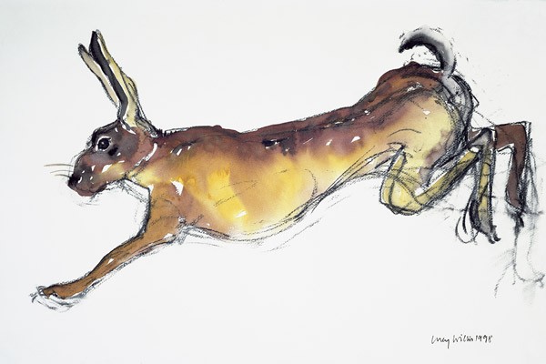Springender Hase (Aquarell & Kohle auf Papier)