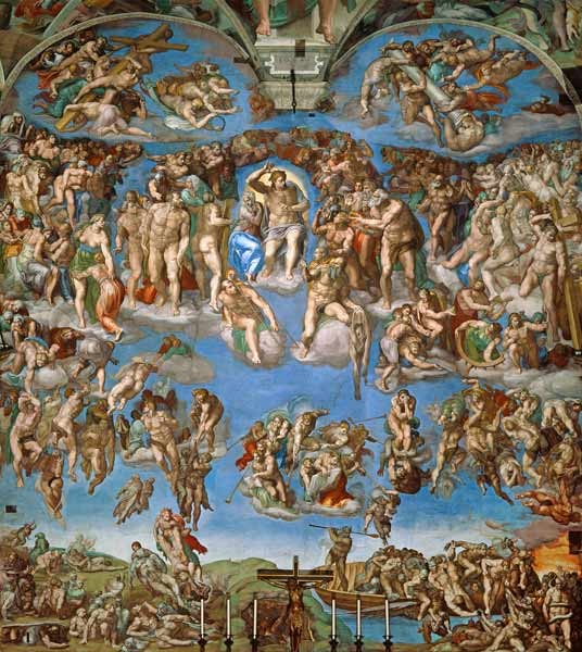 Sixtinische Kapelle, Deckenbild, Ausschnitt - Das Jüngste Gericht (Foto nach der Restaurierung)