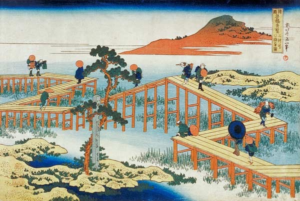 Achtteilige Brücke, Provinz Mucawa, Japan, um 1830 (Holzschnitt)