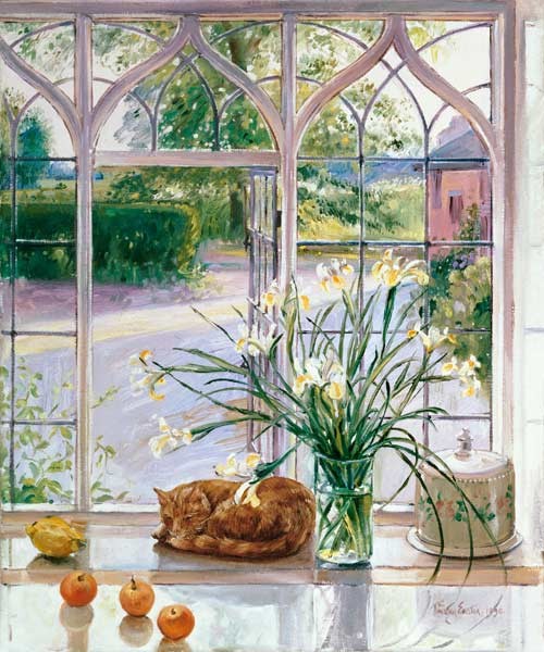 Schwertlilien und schlafende Katze, 1990