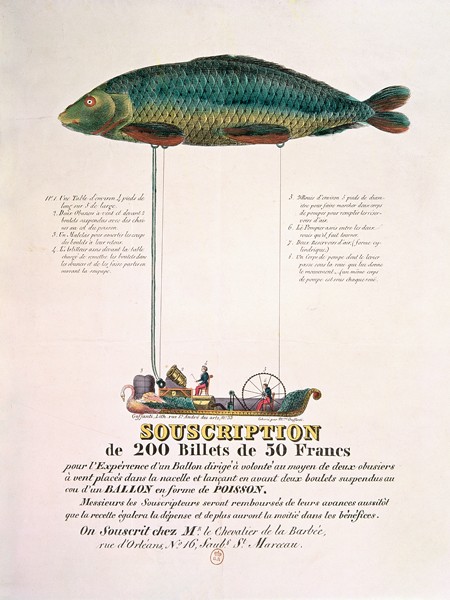 Plakat, das das Abonnement für einen Luftschiffballon in Fischform bewirbt