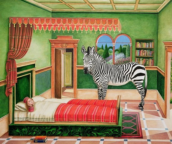 Zebra in einem Schlafzimmer, 1996 (Acryl auf Holz)