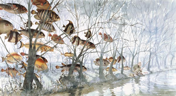 Fliegenfischen, 1992 (Aquarell, Collage, Feder und Tinte auf Papier)