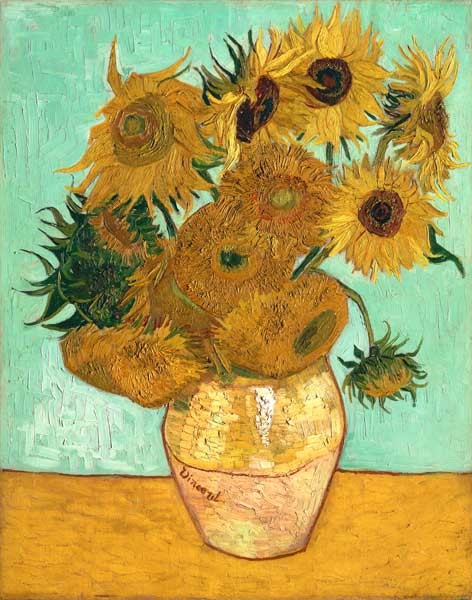 Zwölf Sonnenblumen in einer Vase mit grünem Hintergrund