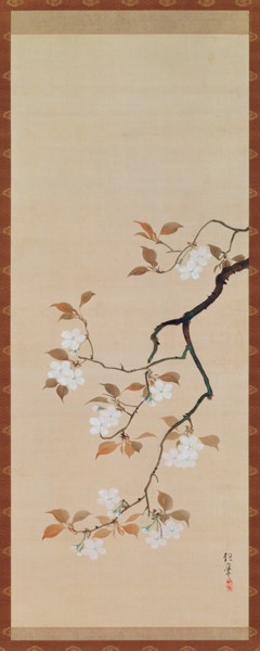 Hängende Schriftrolle mit Kirschblüten, aus einem Triptychon der drei Jahreszeiten, japanisch, frühe