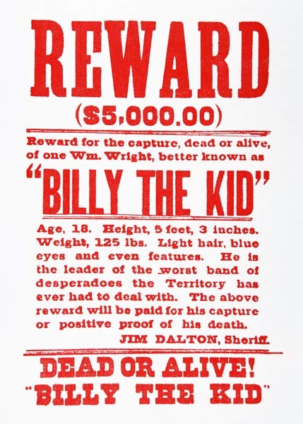 Steckbrief für Billy the Kid (1859-81) (Lithografie)
